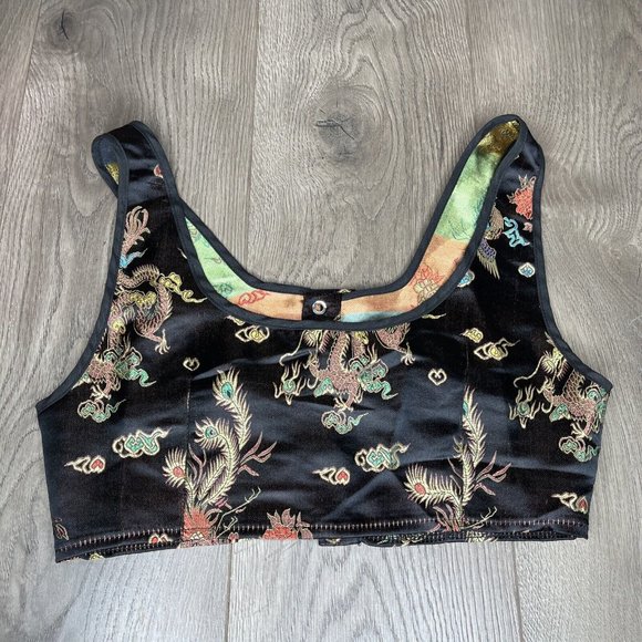 Shein Bustier Womens M Black Metalic Satin Chinese Dragons Lace Up Bra Top Tank - Picture 10 of 10